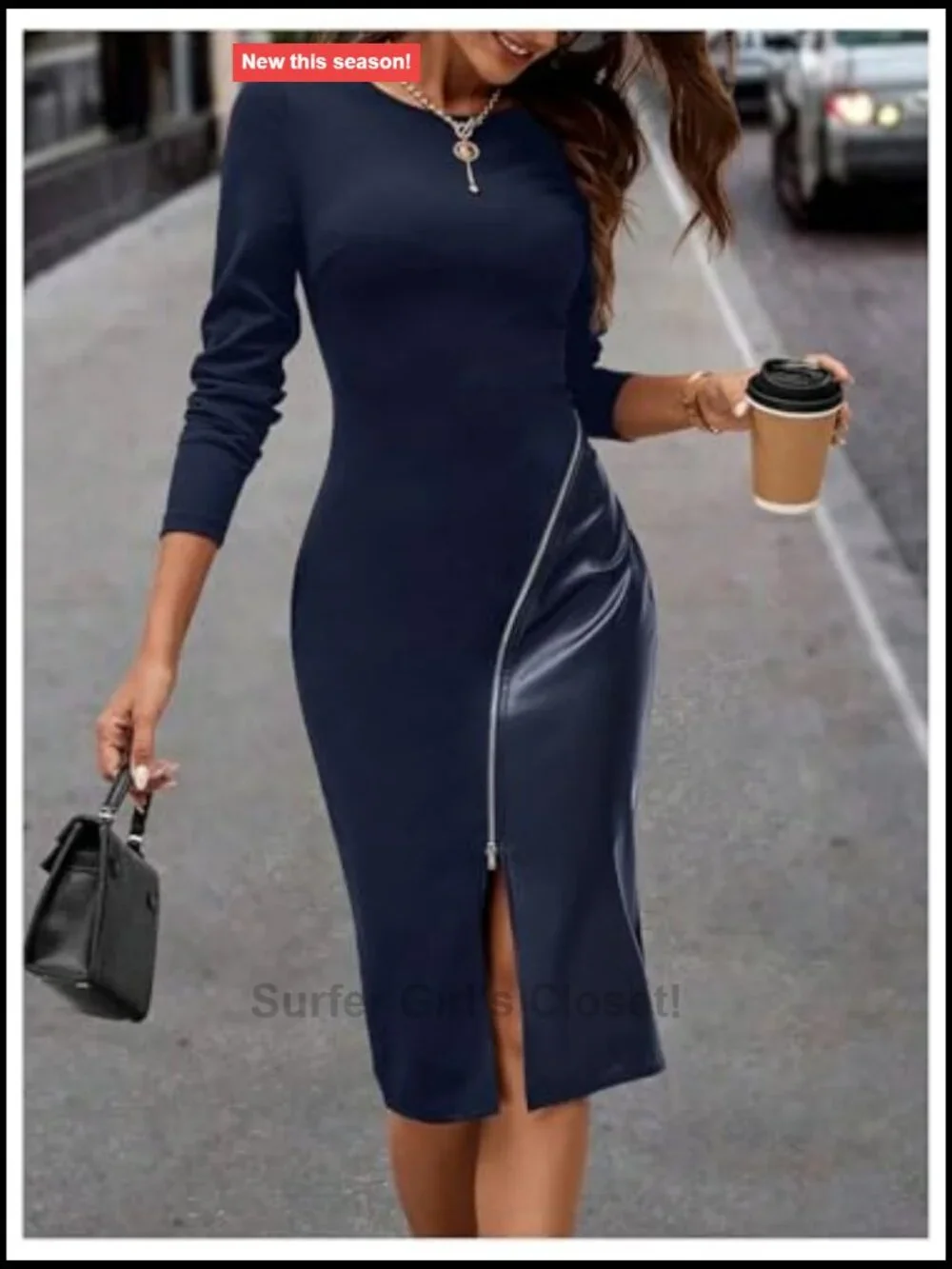 Patchwork Leather Bodycon Dress Long Sleeve Zipper Split Hem